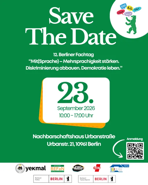 Poster for 12. Berliner Fachtag 2026: "Mit(Sprache) – Mehrsprachigkeit stärken. Diskriminierung abbauen. Demokratie leben"